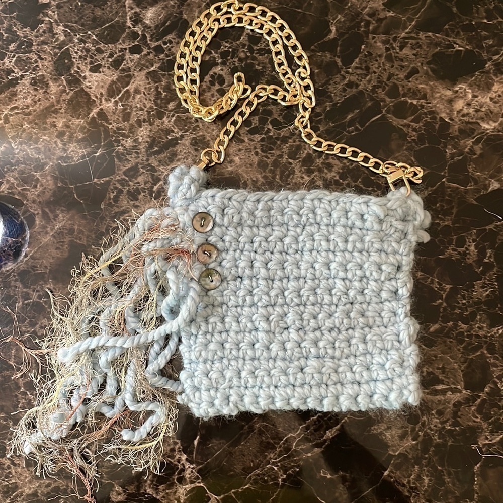 Handmade Blue Crochet Fringe Mini Bag